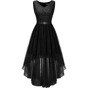 BeryLove Women Tulle Sequin Black Chiffon Scoop Neck Sleeveless Cocktail Dresses